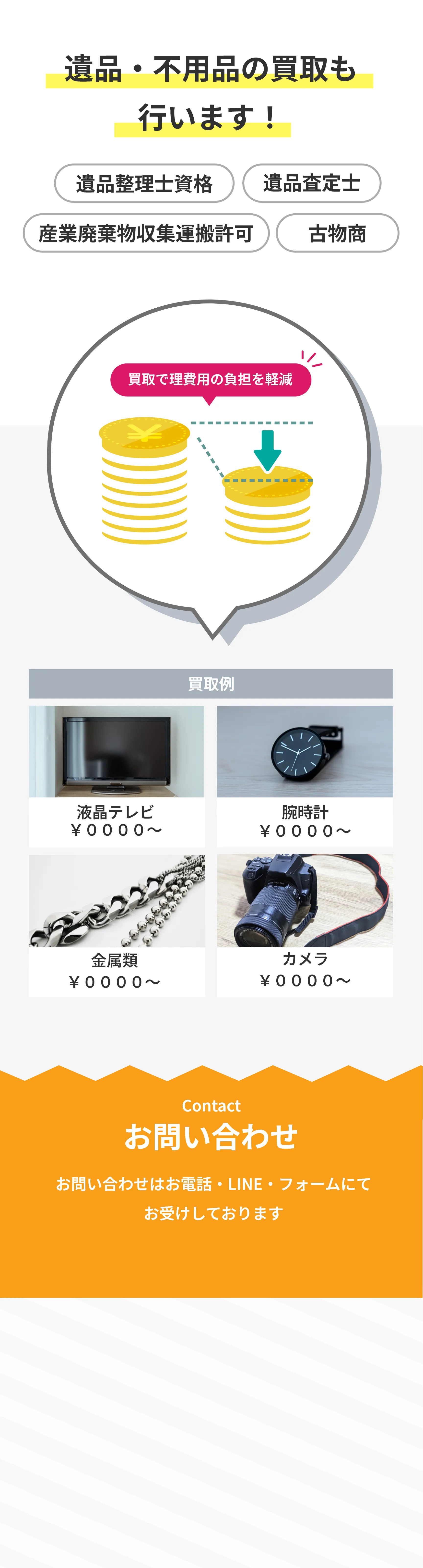 遺品・不用品の買取も行います！
       遺品整理士認定協会　認定
       終活カウンセラー初級認定取得
       遺品査定士
       
       買取で整理費用の負担を軽減
       買取例
       液晶テレビ
       
       腕時計
       
       金属類
       
       カメラ
       
       case
       お問い合わせ
       お問い合わせはお電話・LINE・フォームにてお受けしております